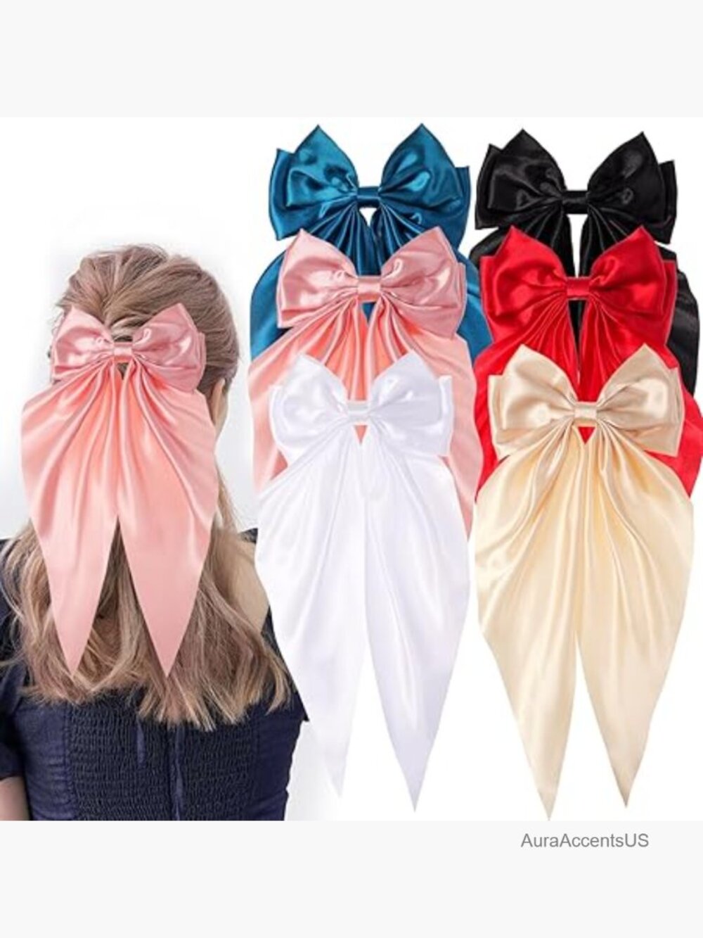 6 Large Satin Hair Bows Clips for Women Long Tail Barrettes
